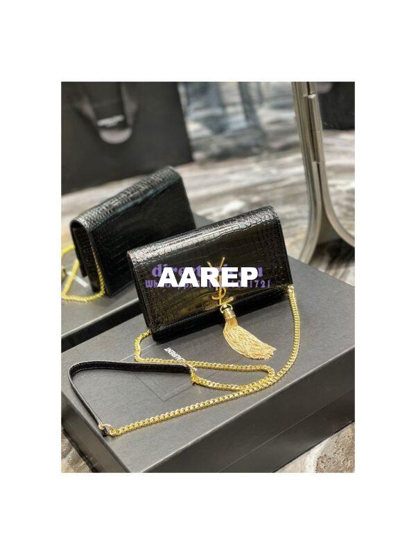 Replica YSL Saint Laurent Kate Chain Wallet With Tassel In Crocodile-embossed Shiny Leather 452159 Black Gold Hardware 5