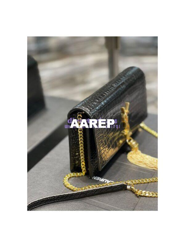 Replica YSL Saint Laurent Kate Chain Wallet With Tassel In Crocodile-embossed Shiny Leather 452159 Black Gold Hardware 6