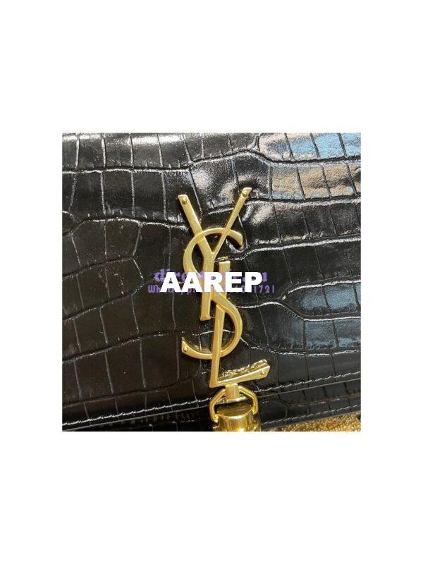 Replica YSL Saint Laurent Kate Chain Wallet With Tassel In Crocodile-embossed Shiny Leather 452159 Black Gold Hardware 7