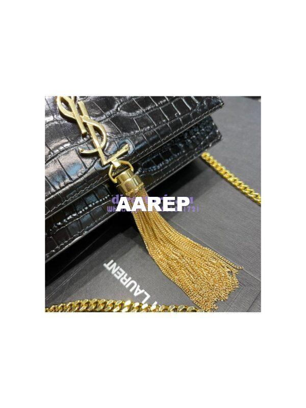 Replica YSL Saint Laurent Kate Chain Wallet With Tassel In Crocodile-embossed Shiny Leather 452159 Black Gold Hardware 8