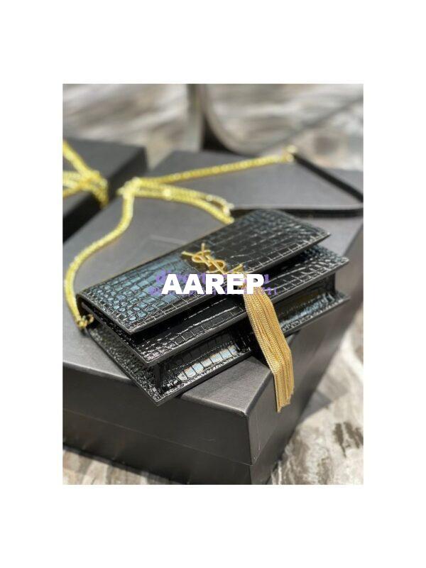Replica YSL Saint Laurent Kate Chain Wallet With Tassel In Crocodile-embossed Shiny Leather 452159 Black Gold Hardware 9