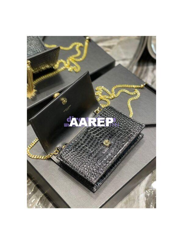 Replica YSL Saint Laurent Kate Chain Wallet With Tassel In Crocodile-embossed Shiny Leather 452159 Black Gold Hardware 10