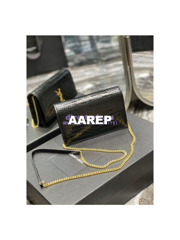 Replica YSL Saint Laurent Kate Chain Wallet With Tassel In Crocodile-embossed Shiny Leather 452159 Black Gold Hardware 11