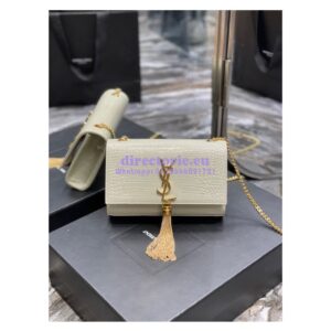 Replica YSL Saint Laurent Kate Chain Wallet With Tassel In Crocodile-embossed Shiny Leather 452159 Blanc Gold Hardware