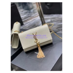 Replica YSL Saint Laurent Kate Chain Wallet With Tassel In Crocodile-embossed Shiny Leather 452159 Blanc Gold Hardware 2