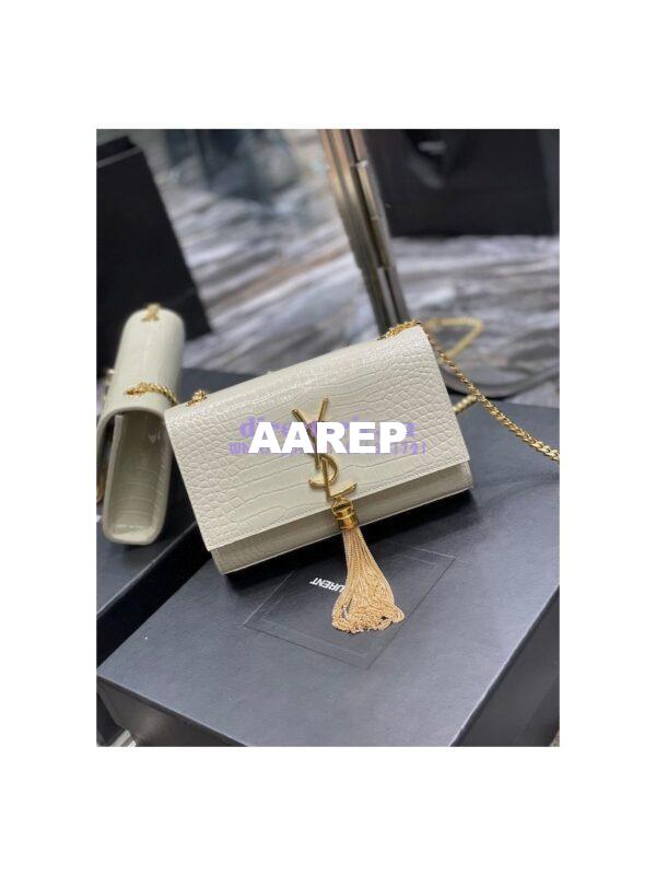Replica YSL Saint Laurent Kate Chain Wallet With Tassel In Crocodile-embossed Shiny Leather 452159 Blanc Gold Hardware 2