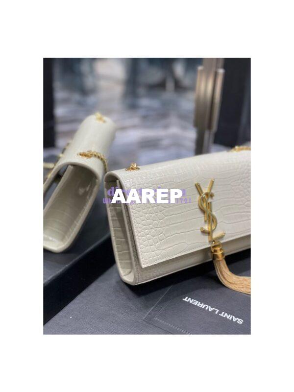 Replica YSL Saint Laurent Kate Chain Wallet With Tassel In Crocodile-embossed Shiny Leather 452159 Blanc Gold Hardware 3