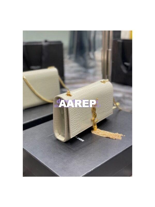 Replica YSL Saint Laurent Kate Chain Wallet With Tassel In Crocodile-embossed Shiny Leather 452159 Blanc Gold Hardware 4