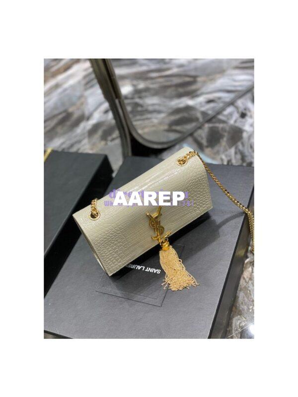 Replica YSL Saint Laurent Kate Chain Wallet With Tassel In Crocodile-embossed Shiny Leather 452159 Blanc Gold Hardware 5