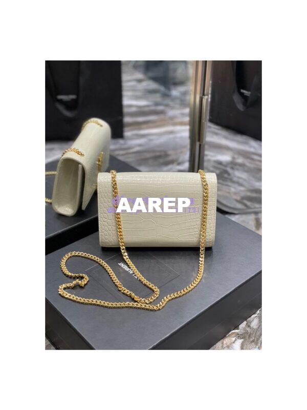 Replica YSL Saint Laurent Kate Chain Wallet With Tassel In Crocodile-embossed Shiny Leather 452159 Blanc Gold Hardware 7