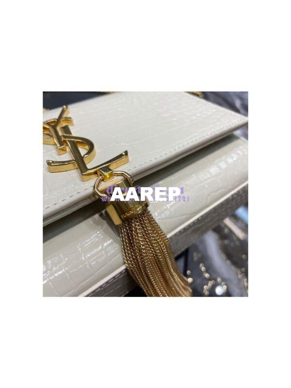 Replica YSL Saint Laurent Kate Chain Wallet With Tassel In Crocodile-embossed Shiny Leather 452159 Blanc Gold Hardware 10