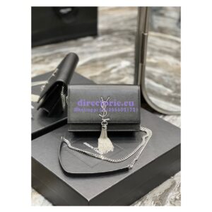 Replica YSL Saint Laurent Kate Chain Wallet With Tassel In Grain De Poudre Embossed Leather 452159 Black Silver Hardware