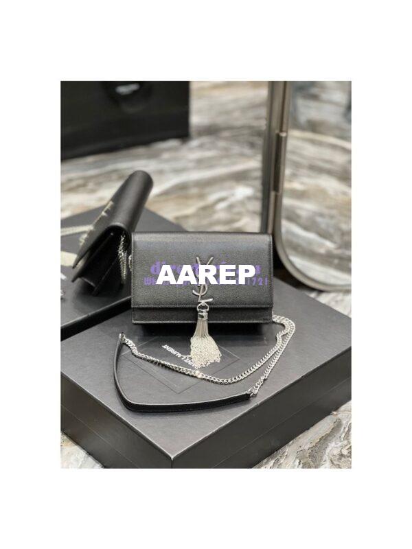 Replica YSL Saint Laurent Kate Chain Wallet With Tassel In Grain De Poudre Embossed Leather 452159 Black Silver Hardware