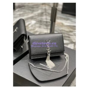 Replica YSL Saint Laurent Kate Chain Wallet With Tassel In Grain De Poudre Embossed Leather 452159 Black Silver Hardware 2