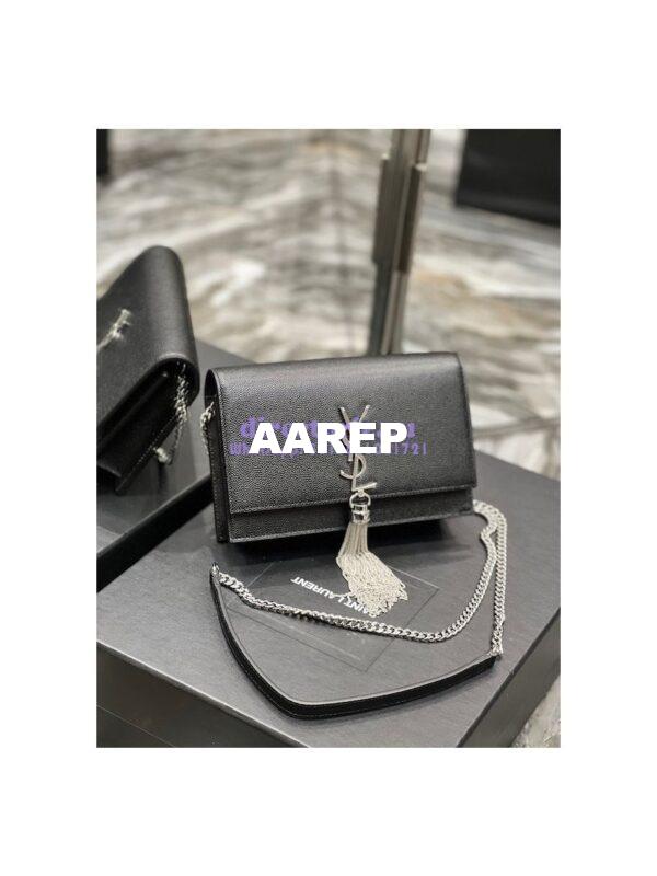 Replica YSL Saint Laurent Kate Chain Wallet With Tassel In Grain De Poudre Embossed Leather 452159 Black Silver Hardware 2