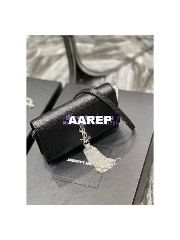 Replica YSL Saint Laurent Kate Chain Wallet With Tassel In Grain De Poudre Embossed Leather 452159 Black Silver Hardware 3