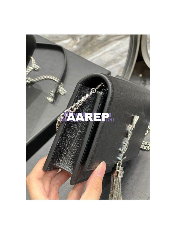Replica YSL Saint Laurent Kate Chain Wallet With Tassel In Grain De Poudre Embossed Leather 452159 Black Silver Hardware 4