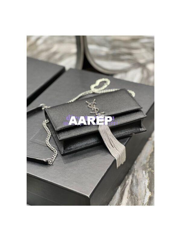 Replica YSL Saint Laurent Kate Chain Wallet With Tassel In Grain De Poudre Embossed Leather 452159 Black Silver Hardware 5