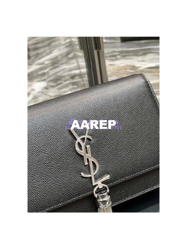 Replica YSL Saint Laurent Kate Chain Wallet With Tassel In Grain De Poudre Embossed Leather 452159 Black Silver Hardware 6