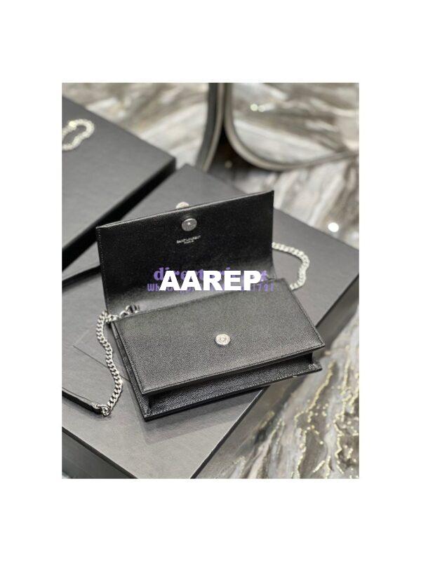 Replica YSL Saint Laurent Kate Chain Wallet With Tassel In Grain De Poudre Embossed Leather 452159 Black Silver Hardware 8