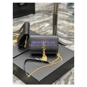 Replica YSL Saint Laurent Kate Chain Wallet With Tassel In Grain De Poudre Embossed Leather 452159 Black Gold Hardware