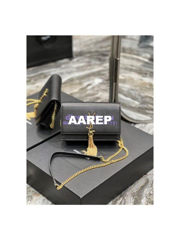 Replica YSL Saint Laurent Kate Chain Wallet With Tassel In Grain De Poudre Embossed Leather 452159 Black Gold Hardware 3
