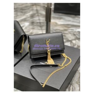 Replica YSL Saint Laurent Kate Chain Wallet With Tassel In Grain De Poudre Embossed Leather 452159 Black Gold Hardware 2