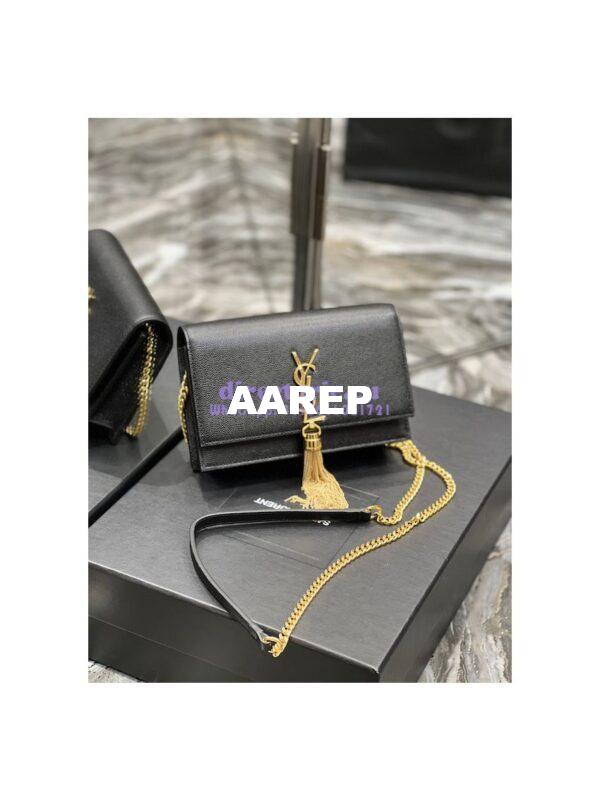 Replica YSL Saint Laurent Kate Chain Wallet With Tassel In Grain De Poudre Embossed Leather 452159 Black Gold Hardware 4