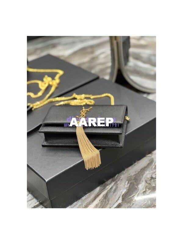 Replica YSL Saint Laurent Kate Chain Wallet With Tassel In Grain De Poudre Embossed Leather 452159 Black Gold Hardware 7