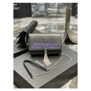 Replica YSL Saint Laurent Kate Chain Wallet With Tassel In Smooth Leather 452159 Black Silver Hardware
