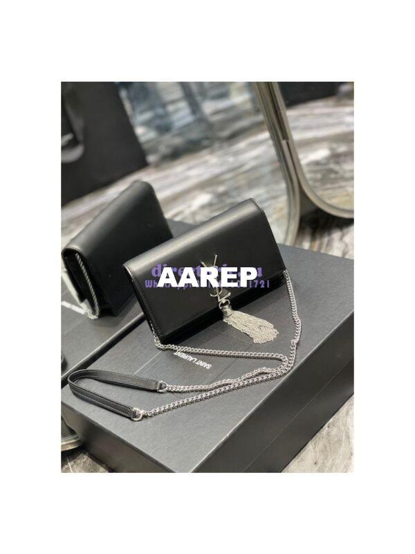 Replica YSL Saint Laurent Kate Chain Wallet With Tassel In Smooth Leather 452159 Black Silver Hardware 3