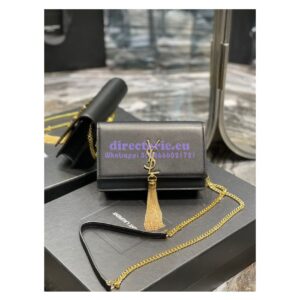 Replica YSL Saint Laurent Kate Chain Wallet With Tassel In Smooth Leather 452159 Black Gold Hardware