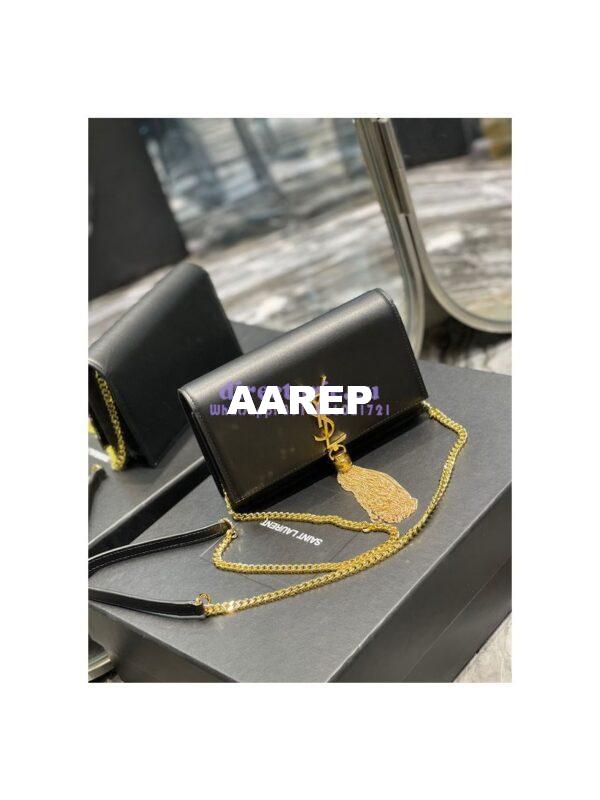 Replica YSL Saint Laurent Kate Chain Wallet With Tassel In Smooth Leather 452159 Black Gold Hardware 5
