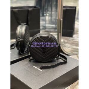 Replica YSL Yves Saint Laurent Vinyle Round Camera Bag In Chevron-quilted Grain De Poudre Embossed Leather 6104361 All Black 2
