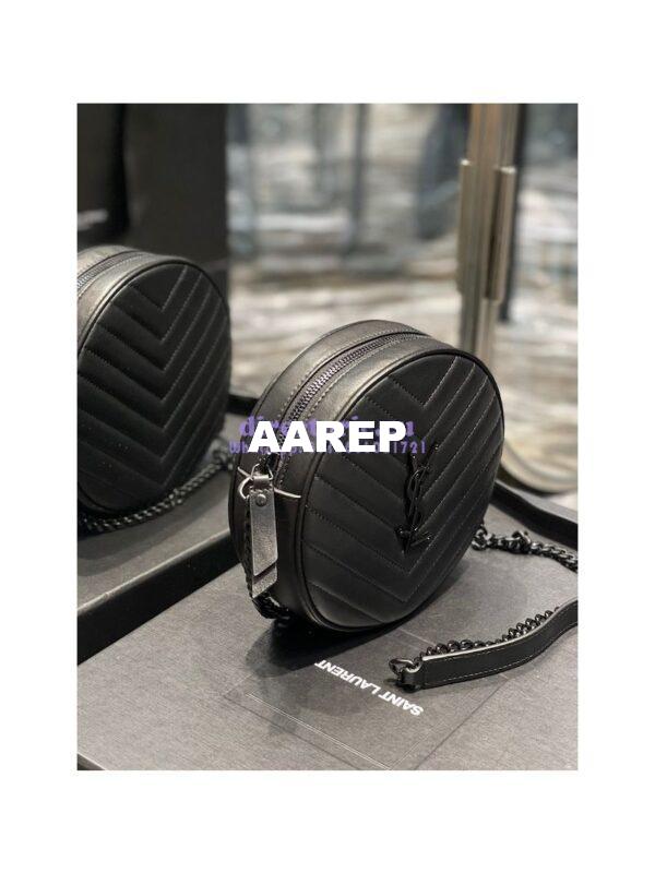 Replica YSL Yves Saint Laurent Vinyle Round Camera Bag In Chevron-quilted Grain De Poudre Embossed Leather 6104361 All Black 6