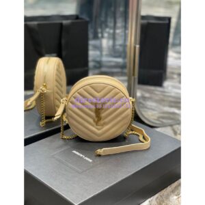 Replica YSL Yves Saint Laurent Vinyle Round Camera Bag In Chevron-quilted Grain De Poudre Embossed Leather 6104361 Beige