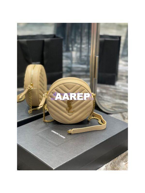 Replica YSL Yves Saint Laurent Vinyle Round Camera Bag In Chevron-quilted Grain De Poudre Embossed Leather 6104361 Beige 3