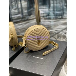 Replica YSL Yves Saint Laurent Vinyle Round Camera Bag In Chevron-quilted Grain De Poudre Embossed Leather 6104361 Beige 2