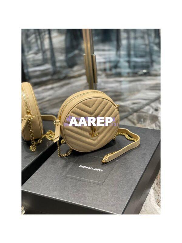 Replica YSL Yves Saint Laurent Vinyle Round Camera Bag In Chevron-quilted Grain De Poudre Embossed Leather 6104361 Beige 4