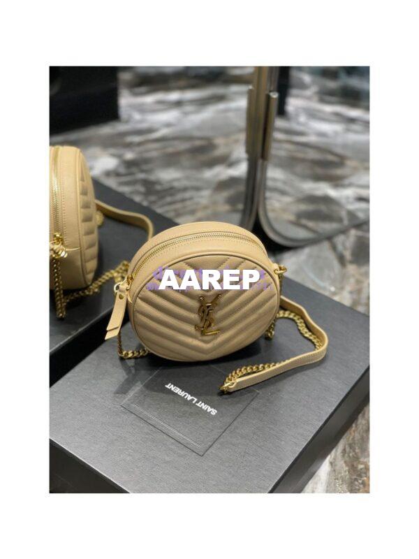 Replica YSL Yves Saint Laurent Vinyle Round Camera Bag In Chevron-quilted Grain De Poudre Embossed Leather 6104361 Beige 5