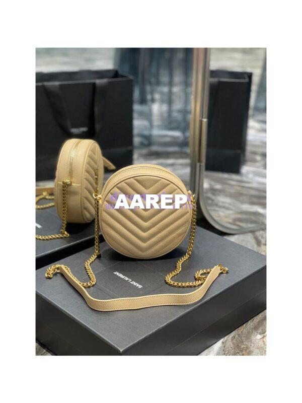 Replica YSL Yves Saint Laurent Vinyle Round Camera Bag In Chevron-quilted Grain De Poudre Embossed Leather 6104361 Beige 11