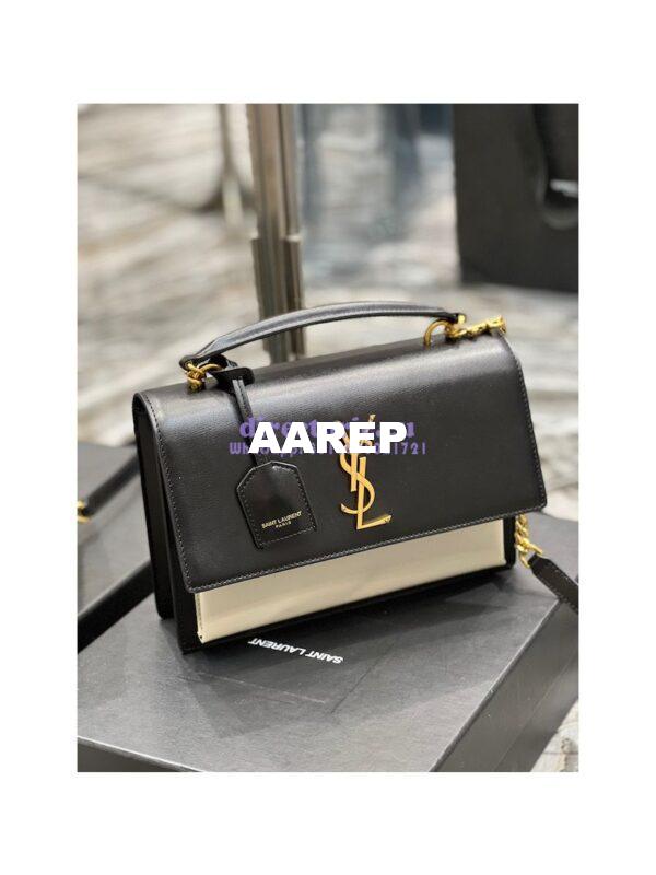Replica YSL Saint Laurent Medium Sunset Satchel In Smooth Leather 634723 Black Blanc 2