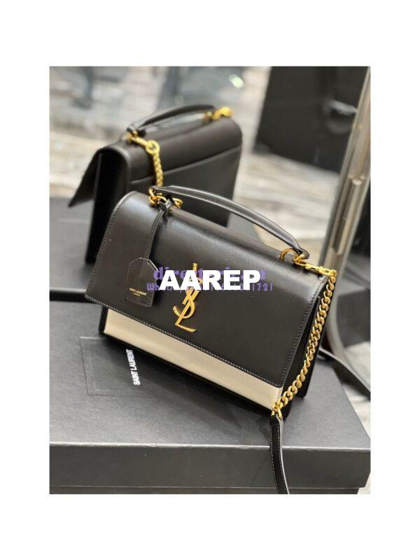 Replica YSL Saint Laurent Medium Sunset Satchel In Smooth Leather 634723 Black Blanc 4