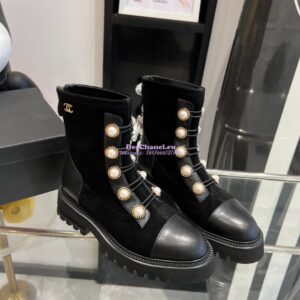 Replica Chanel Pearl Embellished Calfskin & Velvet Boots G36220