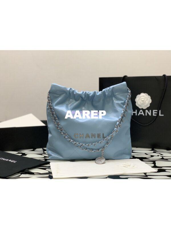 Replica Chanel 22 Handbag Shiny Calfskin & Silver Metal AS3260 AS3261 Light Blue