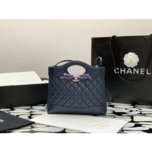 Replica Chanel 31 Mini Shopping Bag Shiny Crumpled Calfskin & Gold-Tone Metal AS4133 Navy Blue