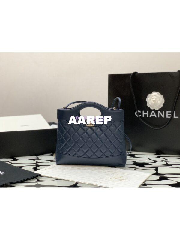Replica Chanel 31 Mini Shopping Bag Shiny Crumpled Calfskin & Gold-Tone Metal AS4133 Navy Blue