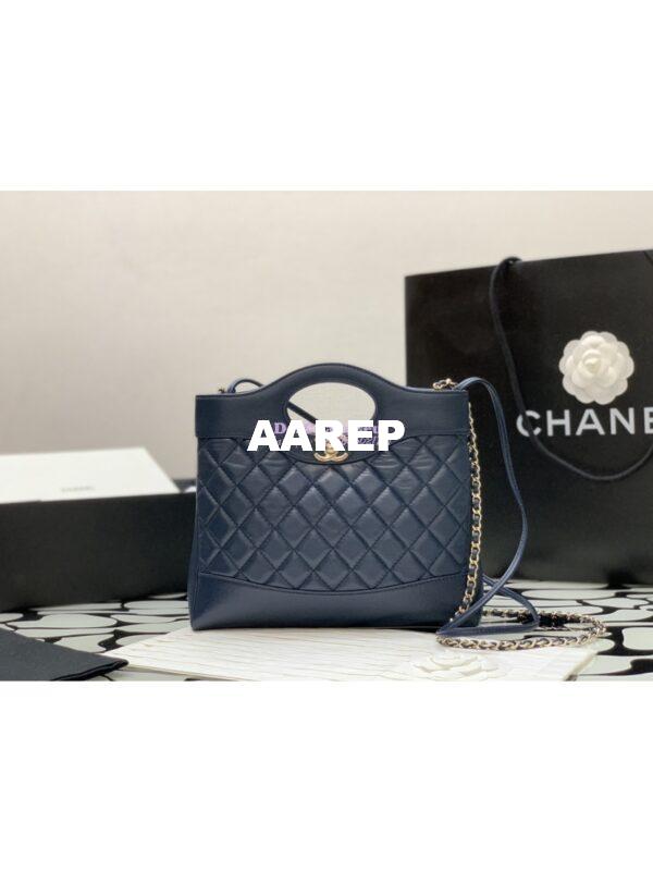 Replica Chanel 31 Mini Shopping Bag Shiny Crumpled Calfskin & Gold-Tone Metal AS4133 Navy Blue 2