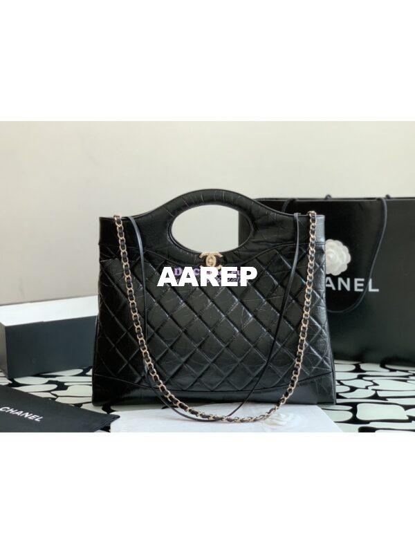 Replica Chanel 31 Large Shopping Bag Shiny Crumpled Calfskin & Gold-Tone Metal AS1010 Black 3