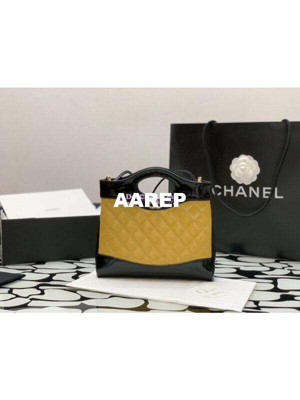 Replica Chanel 31 Mini Shopping Bag Patent Calfskin & Gold-Tone Metal AS4133 Yellow Black 3